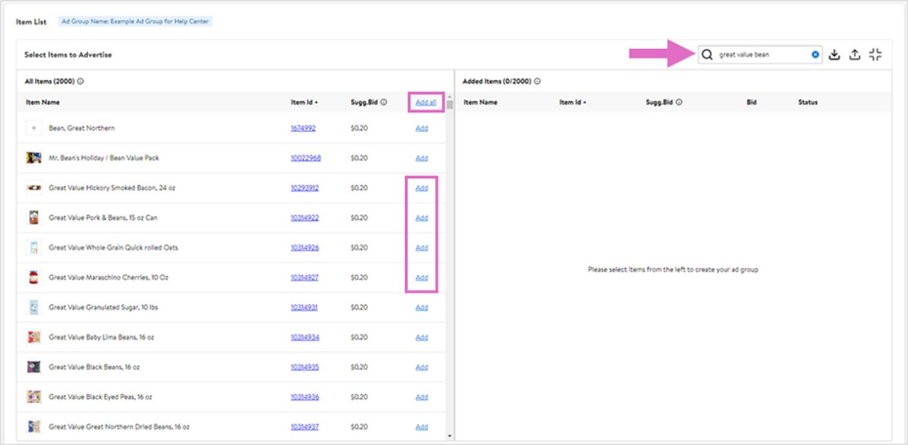 Adding items using the search field 