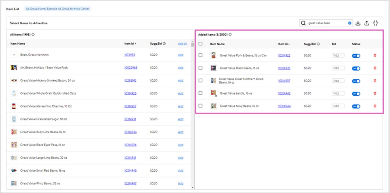 The items/bids will be added to your ad group under Added Items. 