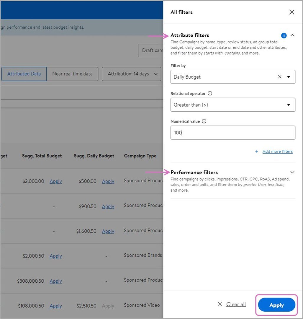 Using custom filters to sort campaigns