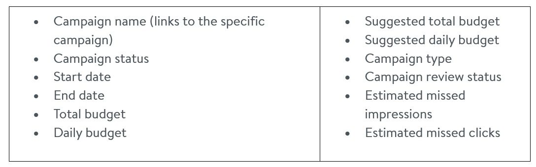 Types of campaign details available in the All Campaigns list