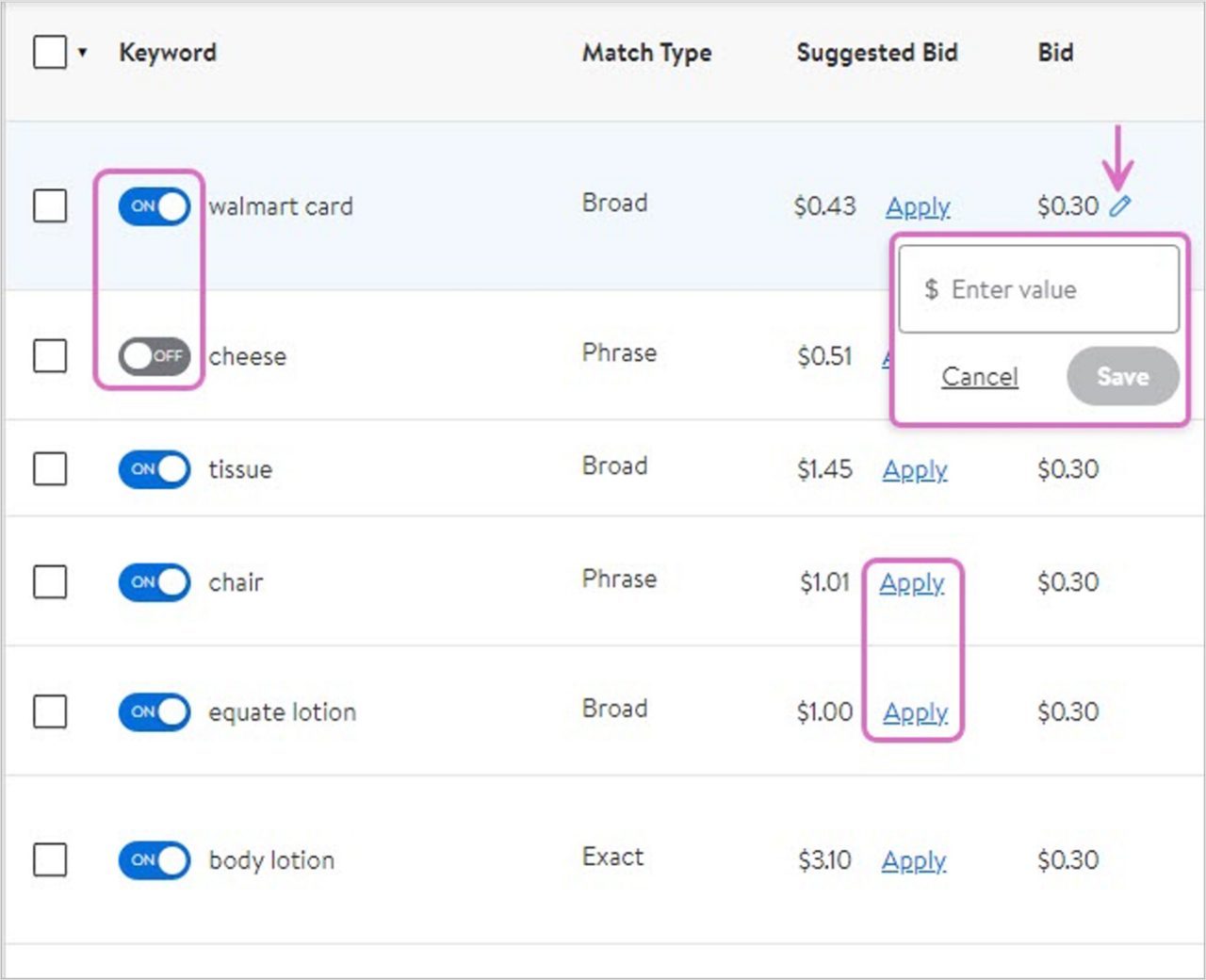 Bulk actions in All Keywords 