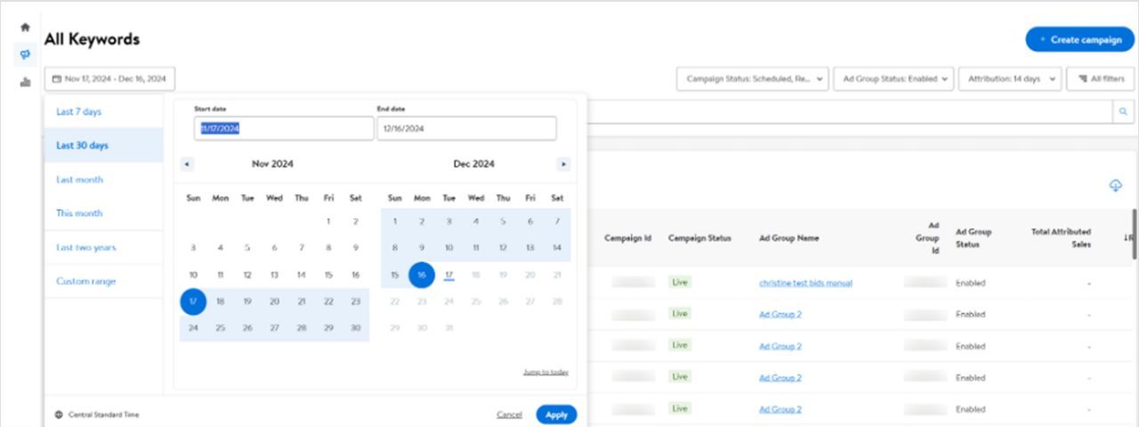 Use of date range tool in Keyword management table