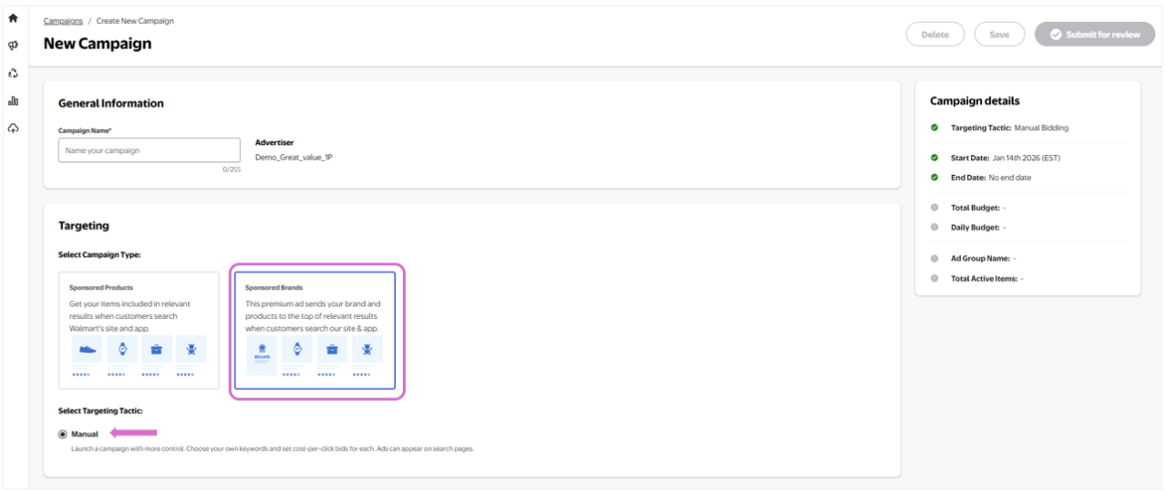 Selecting manual campaign type