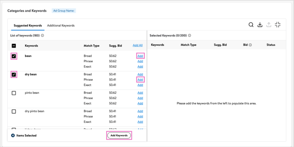 Add Keywords dropdown 