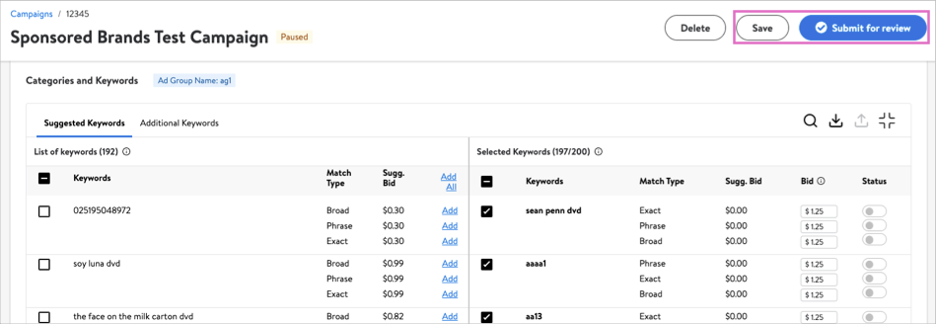Save and Submit for review