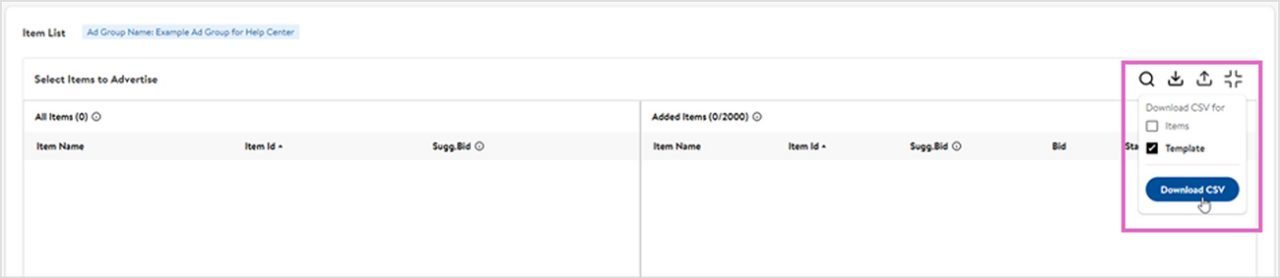 Downloading a CSV template for Ad Groups