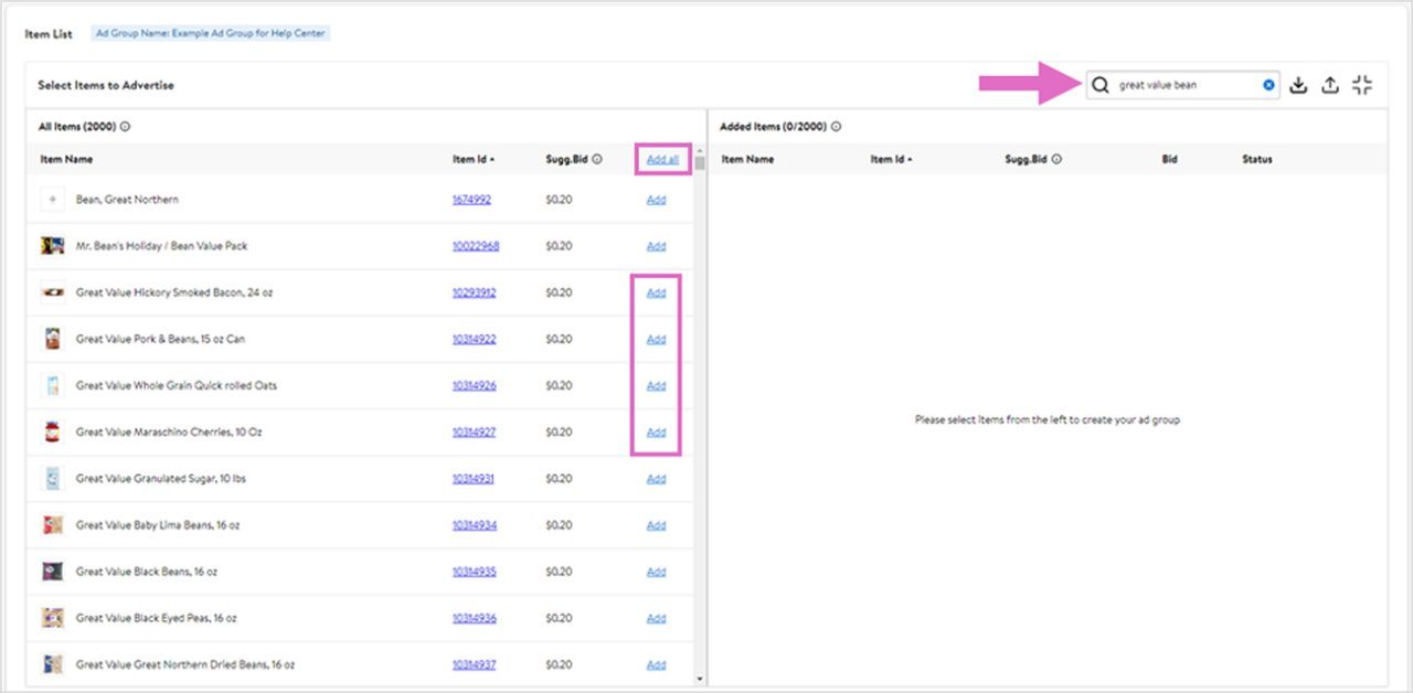 Adding items using the search field