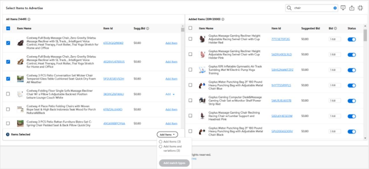 Options for adding variants to an Ad Group