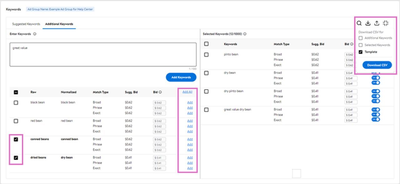 Using a CSV file to add keywords