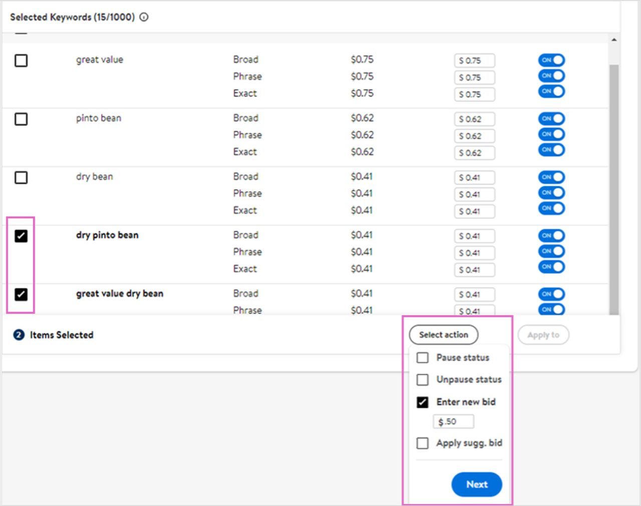Updating the status of keywords with the actions feature