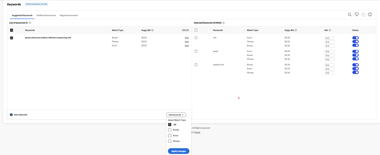 Top performing keyword suggestions in the Keywords tab