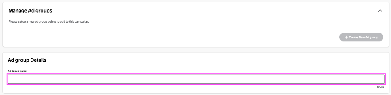 To start an ad group, enter a name in the text box provided