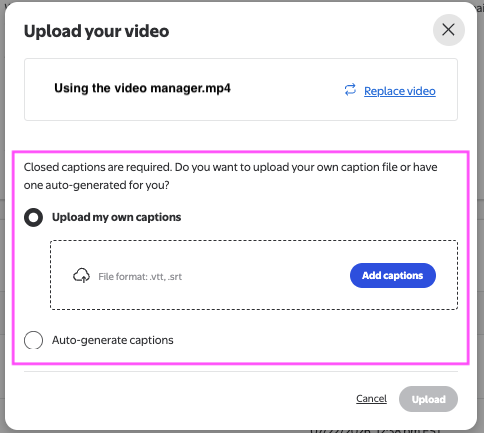video upload captions
