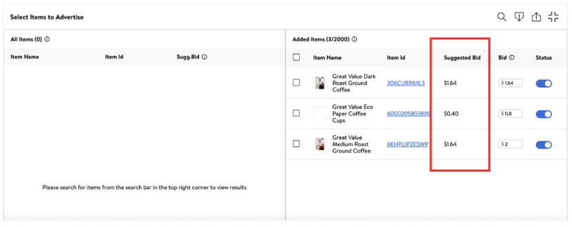 Where to find suggested bids in the platform
