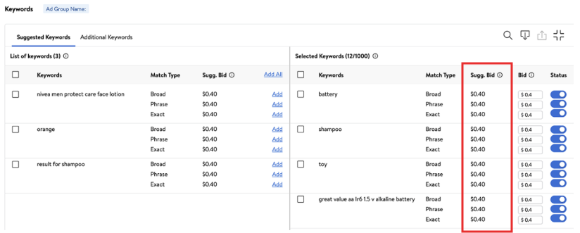 Where suggested bids appear when setting up manual campaigns