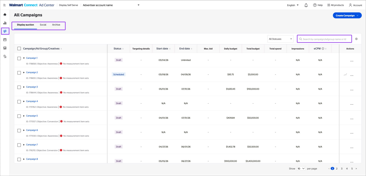 All campaigns page