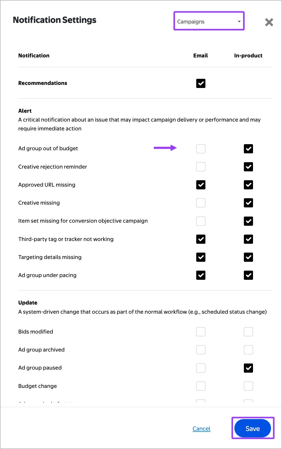 Notifications settings