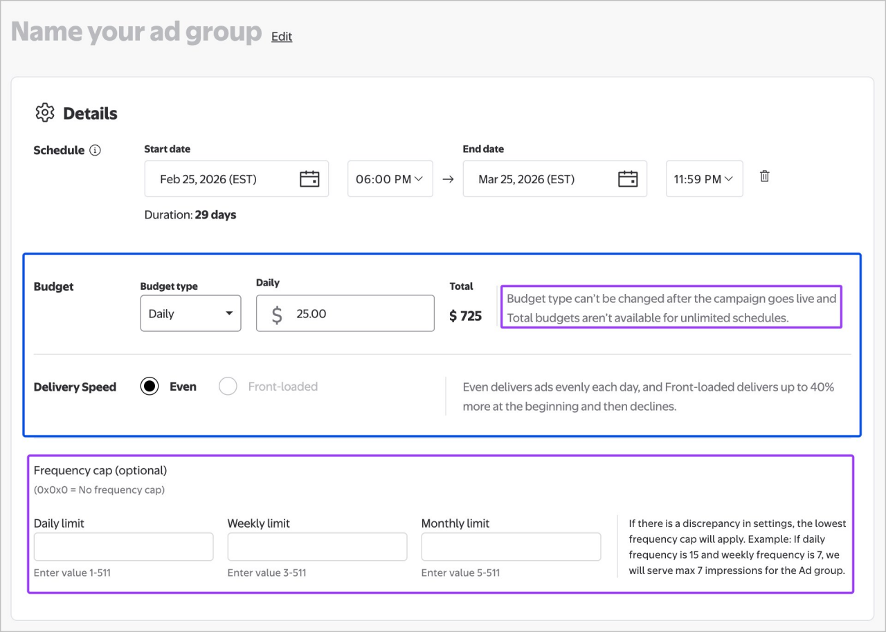 Entering budget, delivery speed and frequency cap
