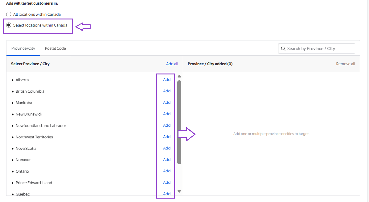 Adding locations to a banner ad group