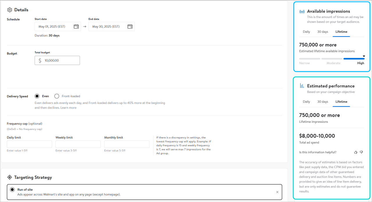 Available impressions and estimated performance in platform
