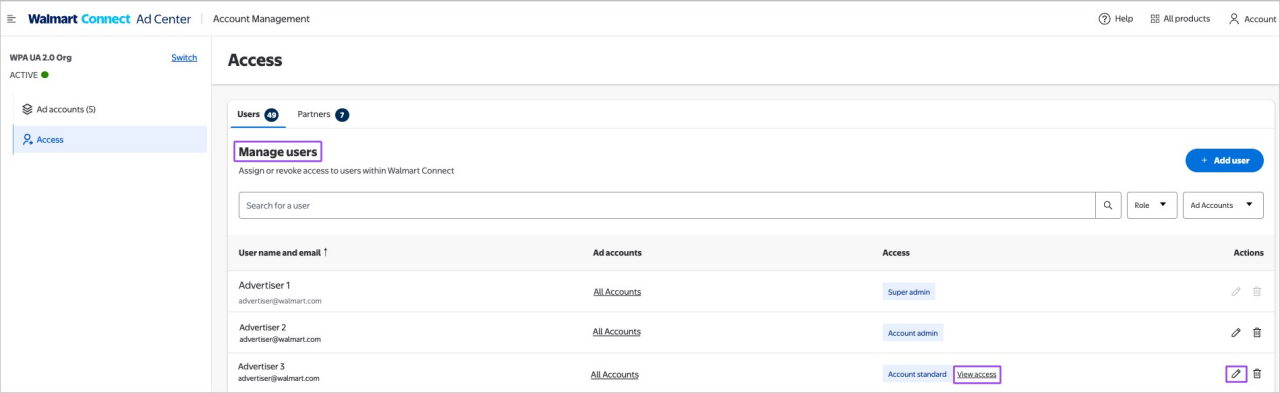 Editing user access