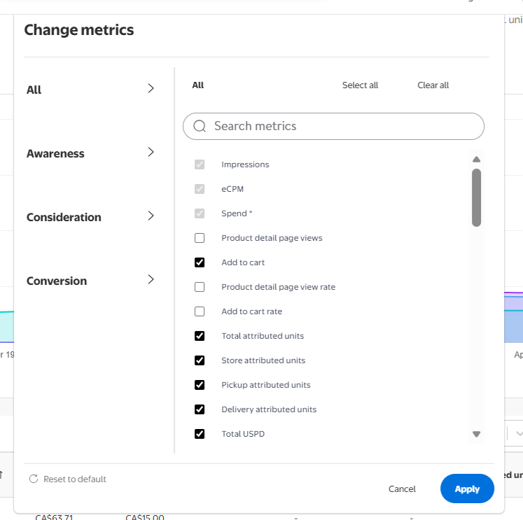 Selecting custom metrics to show