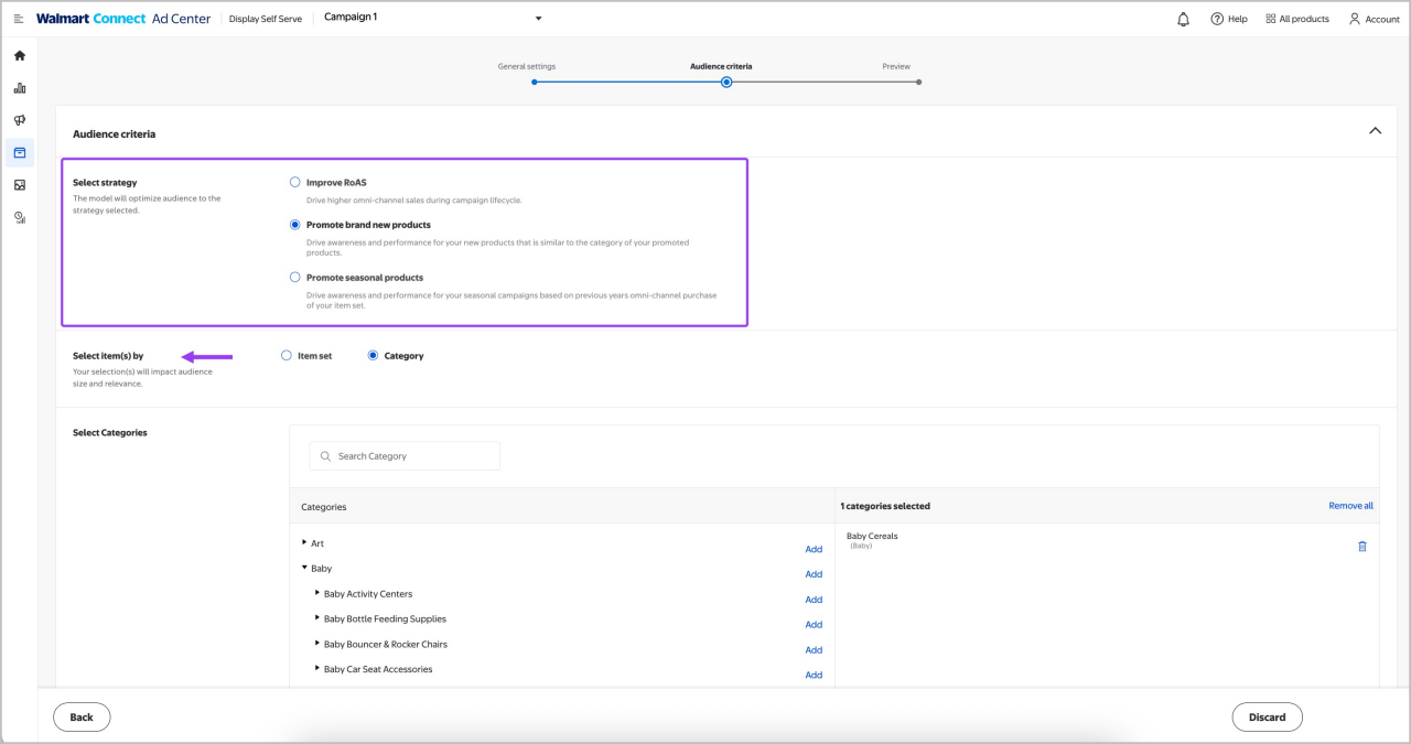 Select an item set or category to apply to the audience