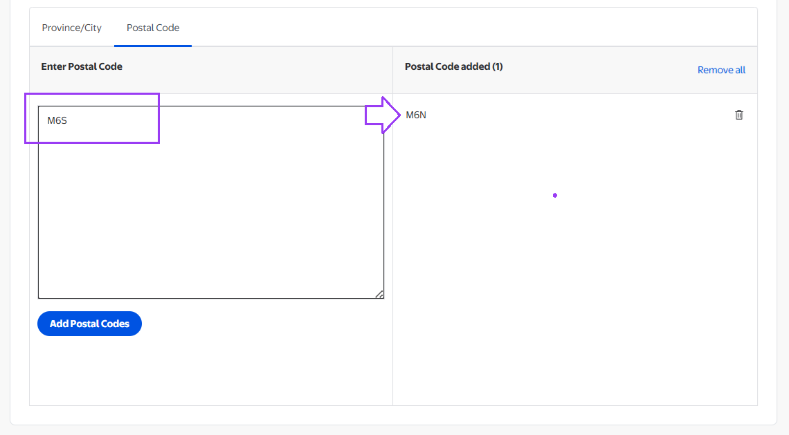 Select location by postal code