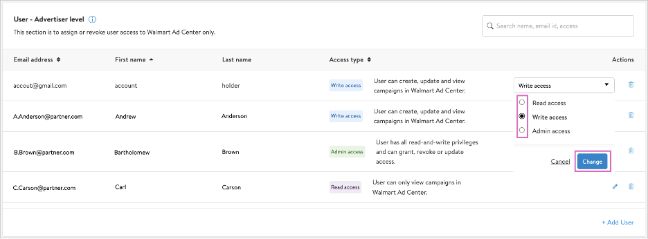 Editing a user’s access level 