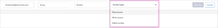 •	Select the level of access you wish to provide to the user: admin, write or read from the Access type dropdown.  