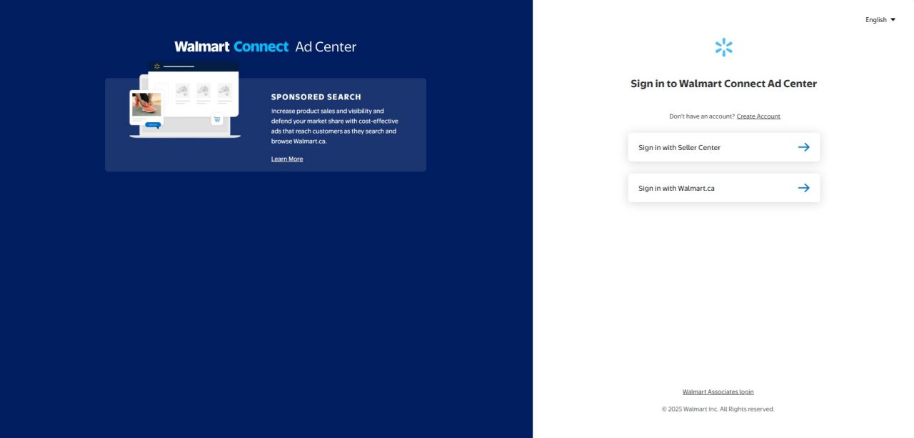Walmart Connect Canada Ad Center login screen