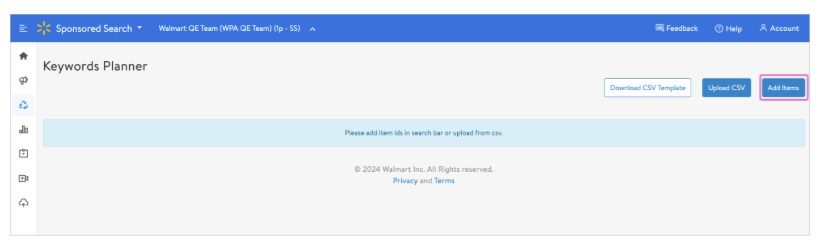 Click add items within the Keyword Planner tool 