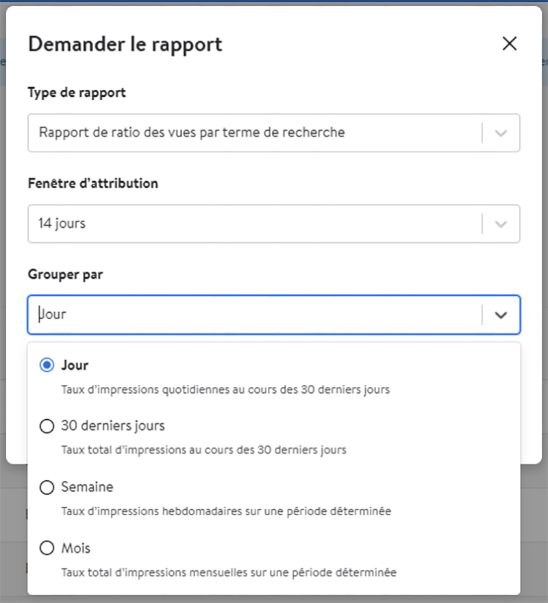 Rapport de ratio des vues par terme de recherche