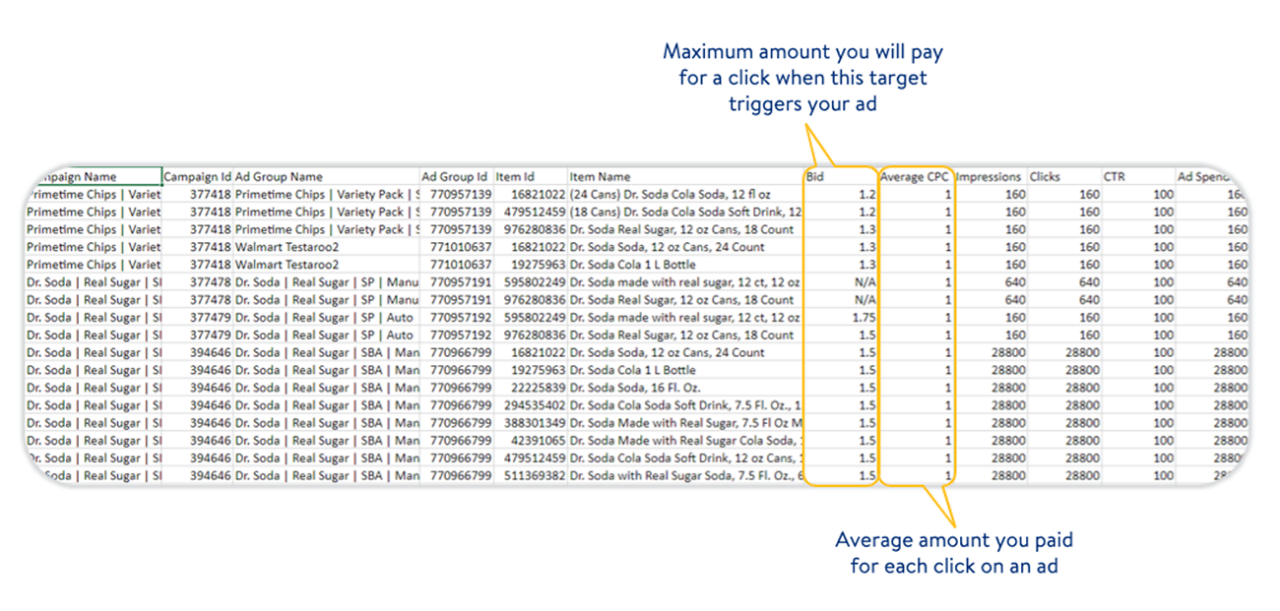 Deux nouvelles colonnes dans ce rapport : Mise et Coût moyen par clic.