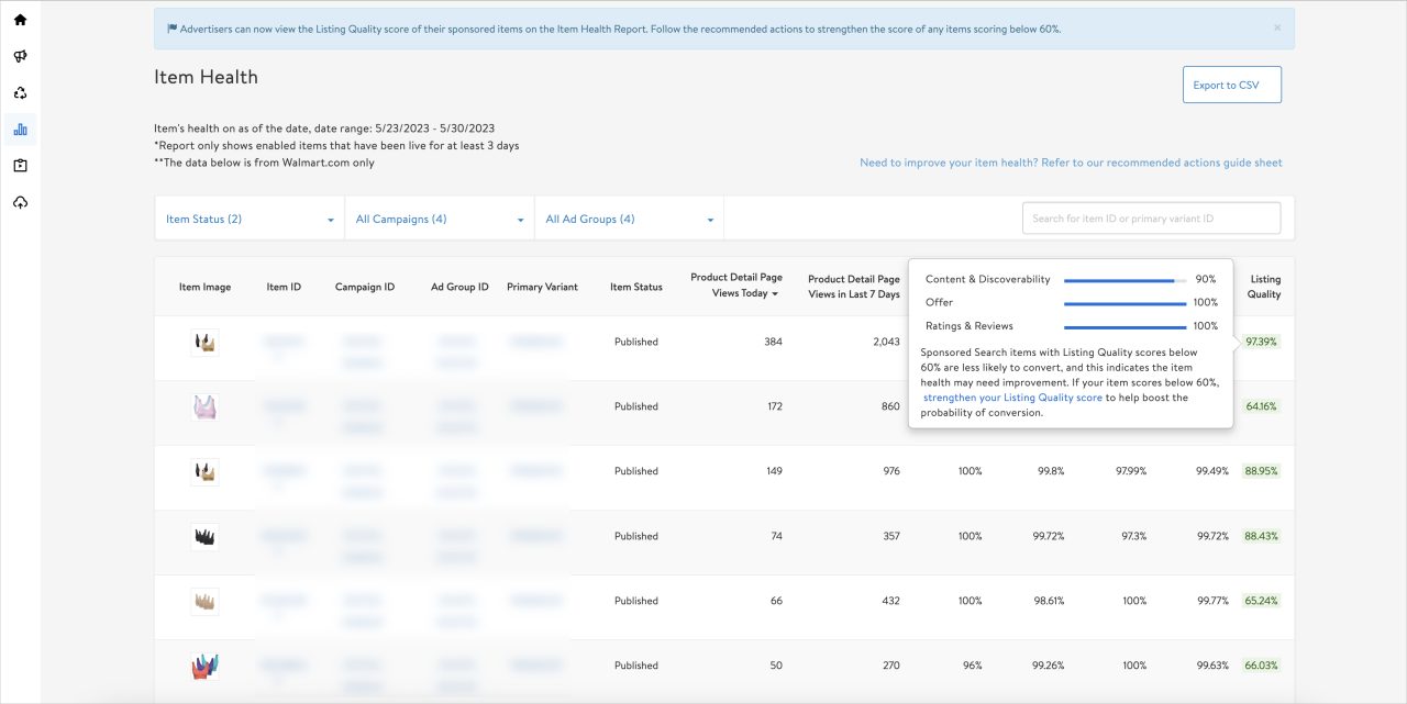 Item Health Report view 