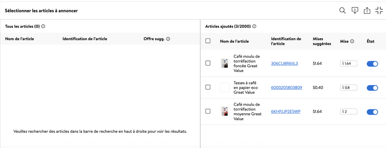 La mise suggérée s’affiche à côté de chaque article de la campagne. 