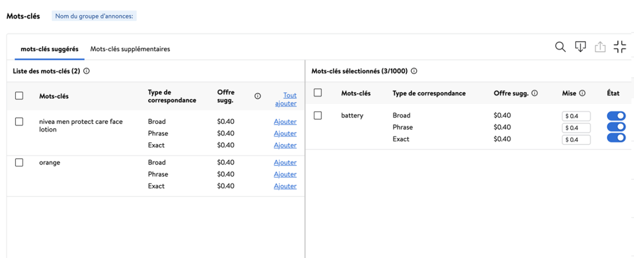 Pour les campagnes manuelles de produits commandités, la mise suggérée s’affiche sous la section des mots-clés
