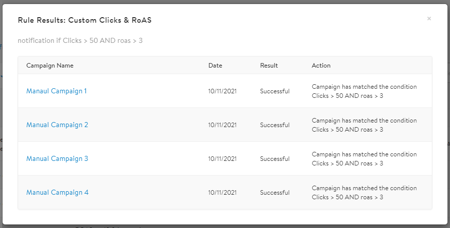 Example of the list of past successful rule actions