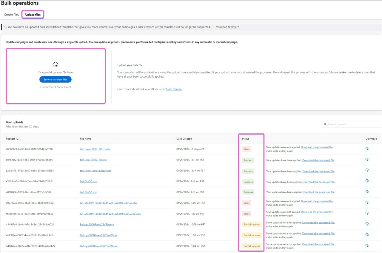 Téléversement d’un fichier de mise à jour en bloc 